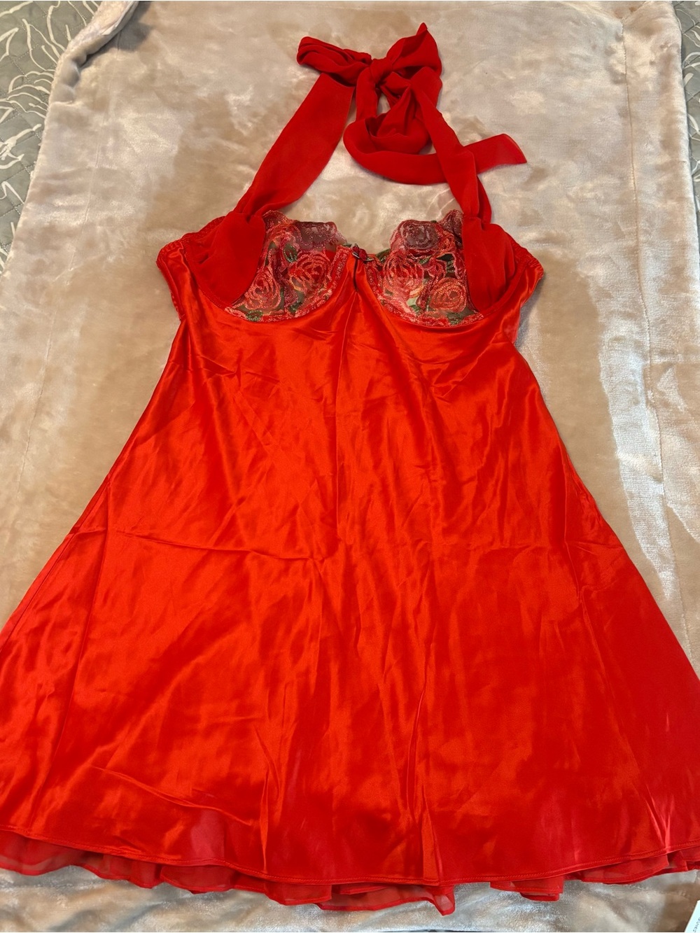 For Love And Lemons Red Satin Halter Chemise with Embroidered Cups